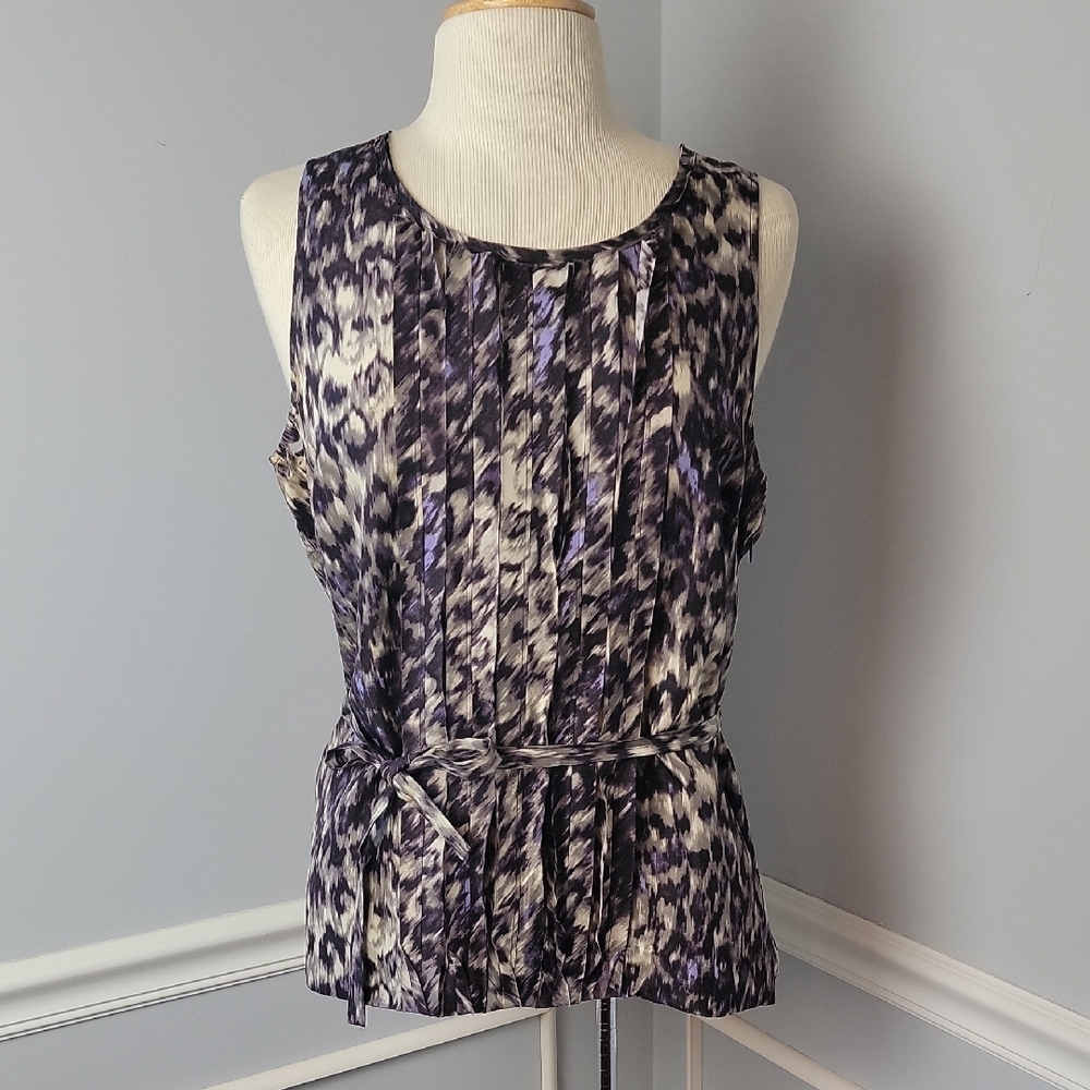 J.CREW 100% Silk Purple Leopard Animal Print Pleated Tie Waist Sleeveless Top 14